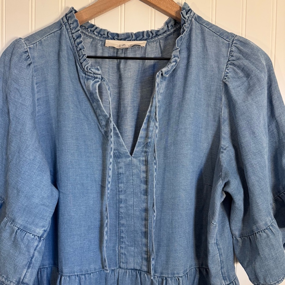 LOFT Linen Blend Blue Denim Tiered Short Sleeve Dress Size Large - Picture 2 of 9